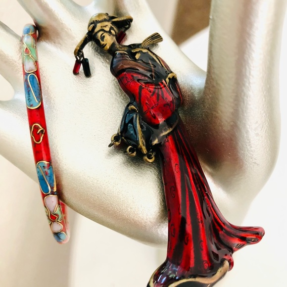 Vintage Red Asian Geisha Brooch & Bangle Bracelet - Picture 11 of 11